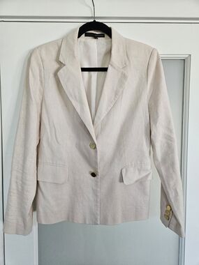 Harve Benard Linen Blend Blazer- Neutral Cream, Gold Buttons, Striped Lining